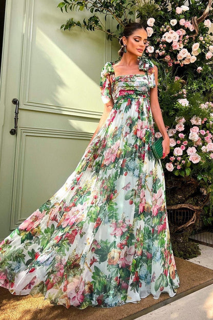 Floral Print Bow Shoulder Strap Tie Back Open Back Maxi Dress