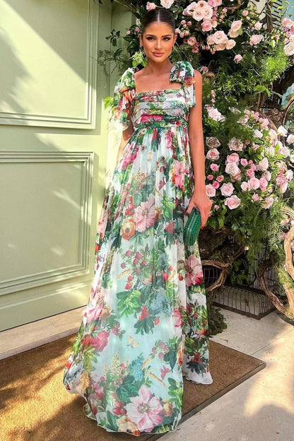 Floral Print Bow Shoulder Strap Tie Back Open Back Maxi Dress
