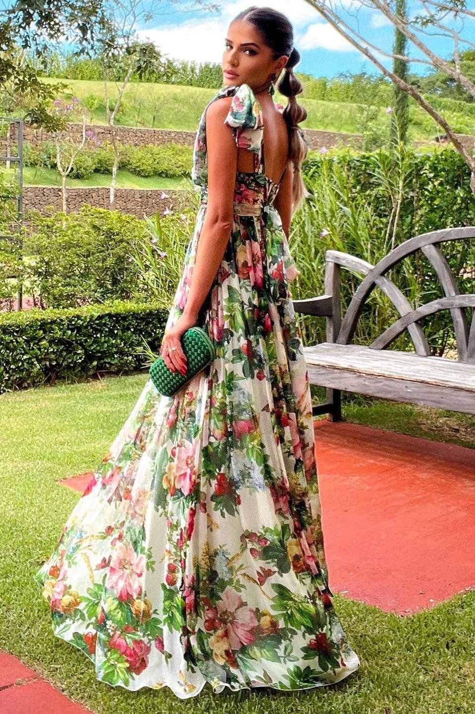 Floral Print Bow Shoulder Strap Tie Back Open Back Maxi Dress
