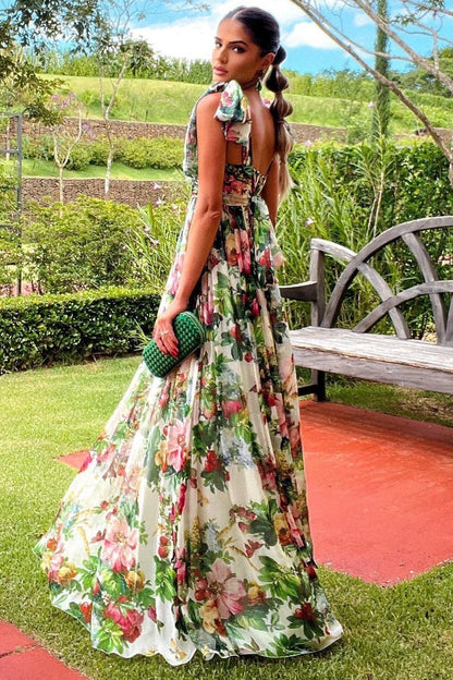 Floral Print Bow Shoulder Strap Tie Back Open Back Maxi Dress