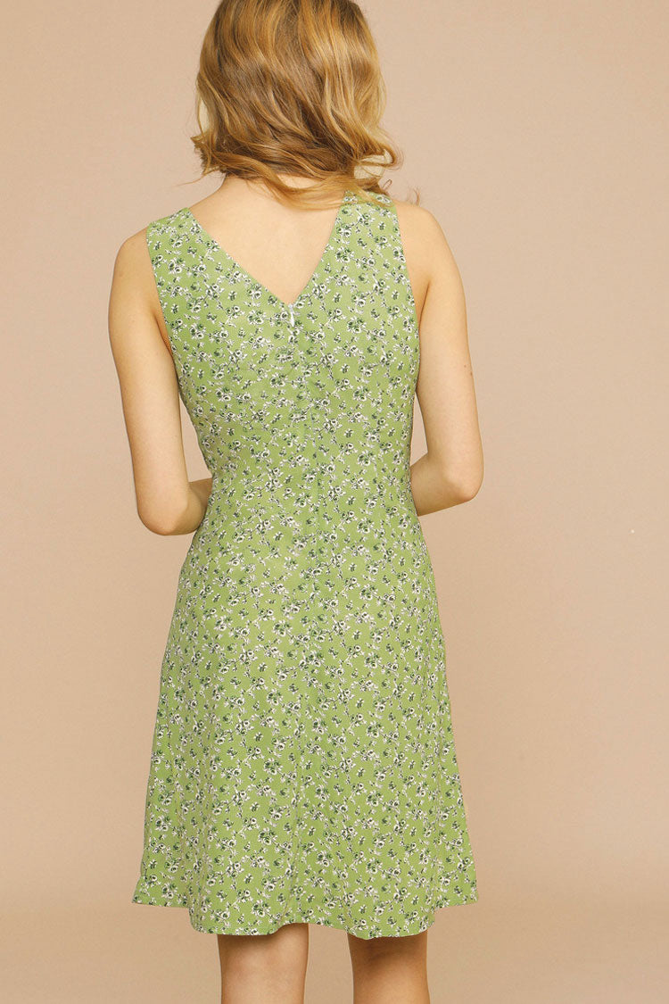 Ditsy Floral Print Ruched V Neck Sleeveless French Mini Dress