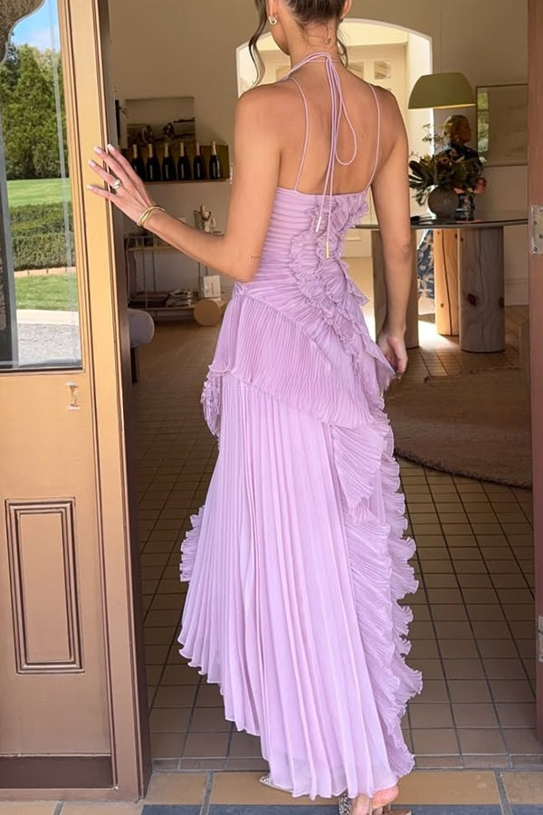 Dream Ode Lily Pad Style Pleats and Ruffles Halter Gown Maxi Dress