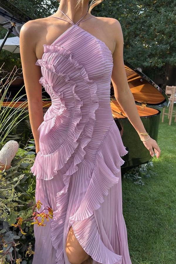 Dream Ode Lily Pad Style Pleats and Ruffles Halter Gown Maxi Dress