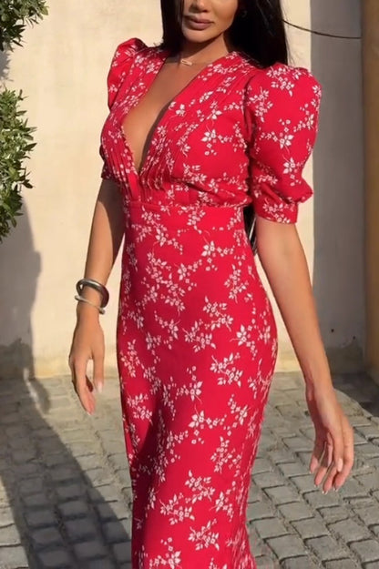 Floral Print V-neck Puff Sleeve High-waisted Slim-fit Maxi Dress