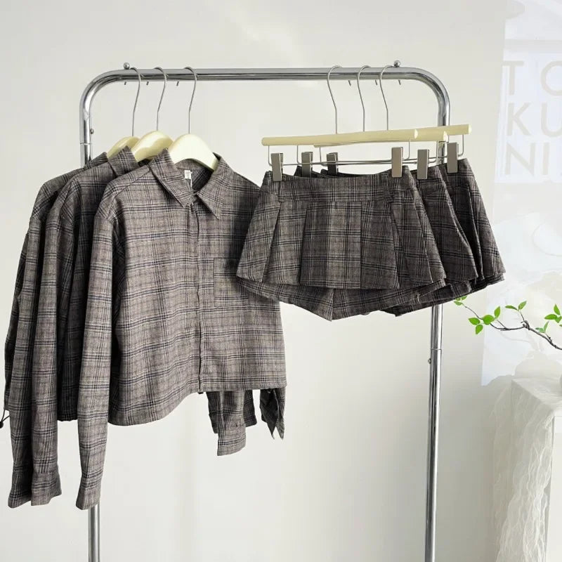 Sweet Hot Girl College Style Suit Women's Autumn Plaid Loose Zipper Jacket High Waist A-line Skirt Two-piece Set Female Clothes