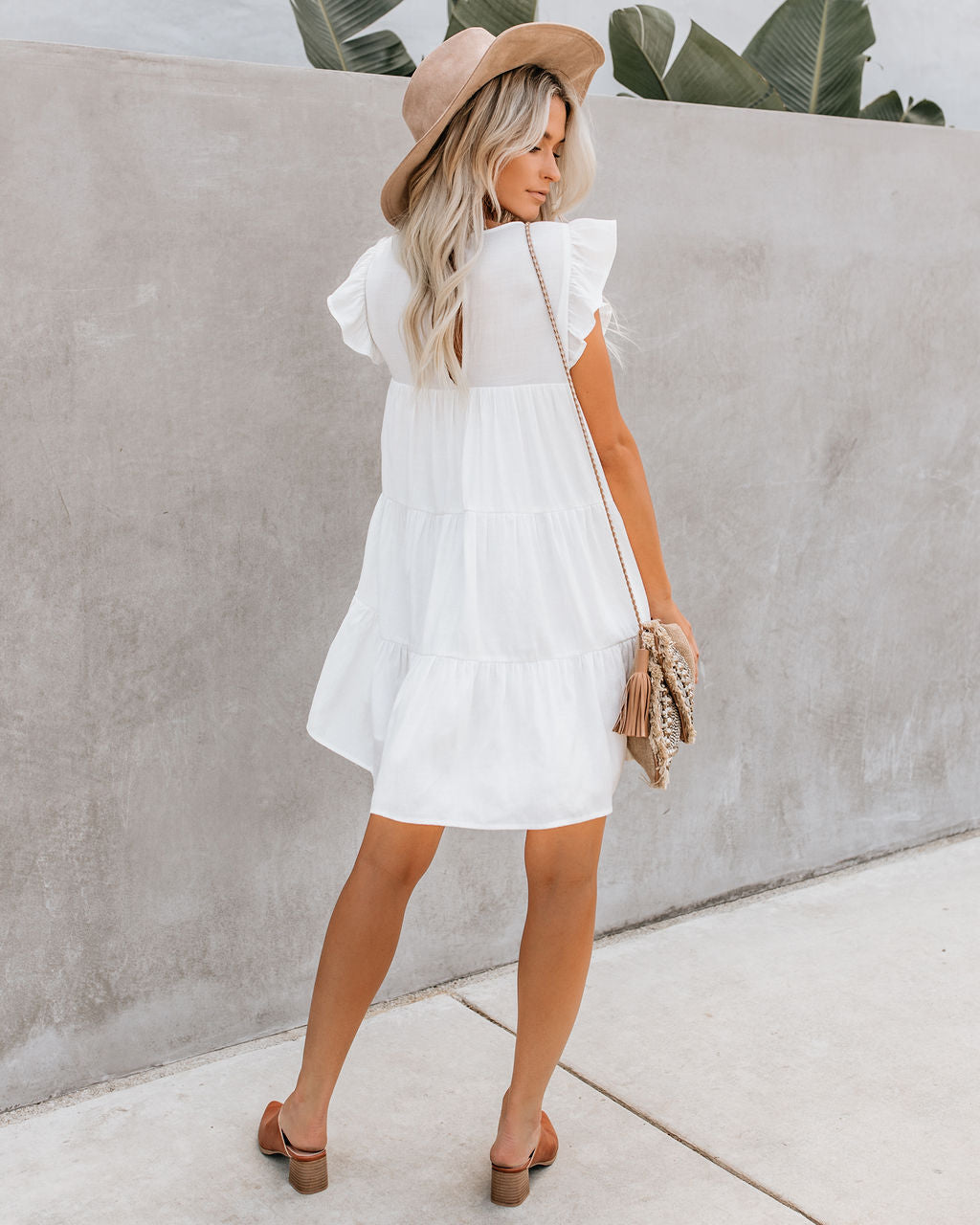 Crew Neck Ruffle Armhole Tiered Pocket Babydoll Mini Dress