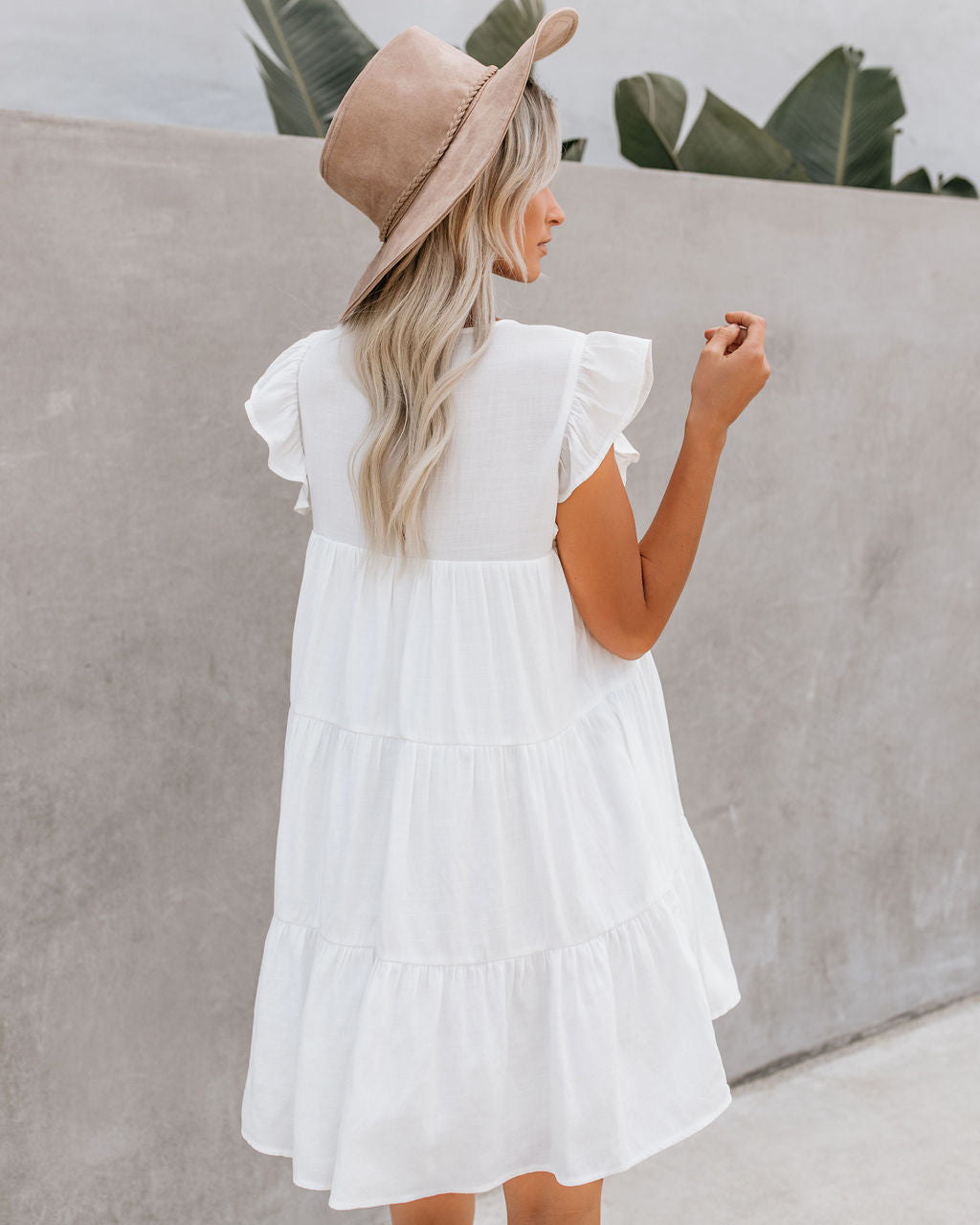 Crew Neck Ruffle Armhole Tiered Pocket Babydoll Mini Dress