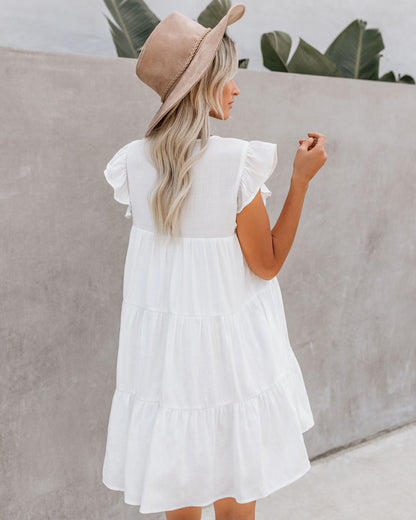 Crew Neck Ruffle Armhole Tiered Pocket Babydoll Mini Dress