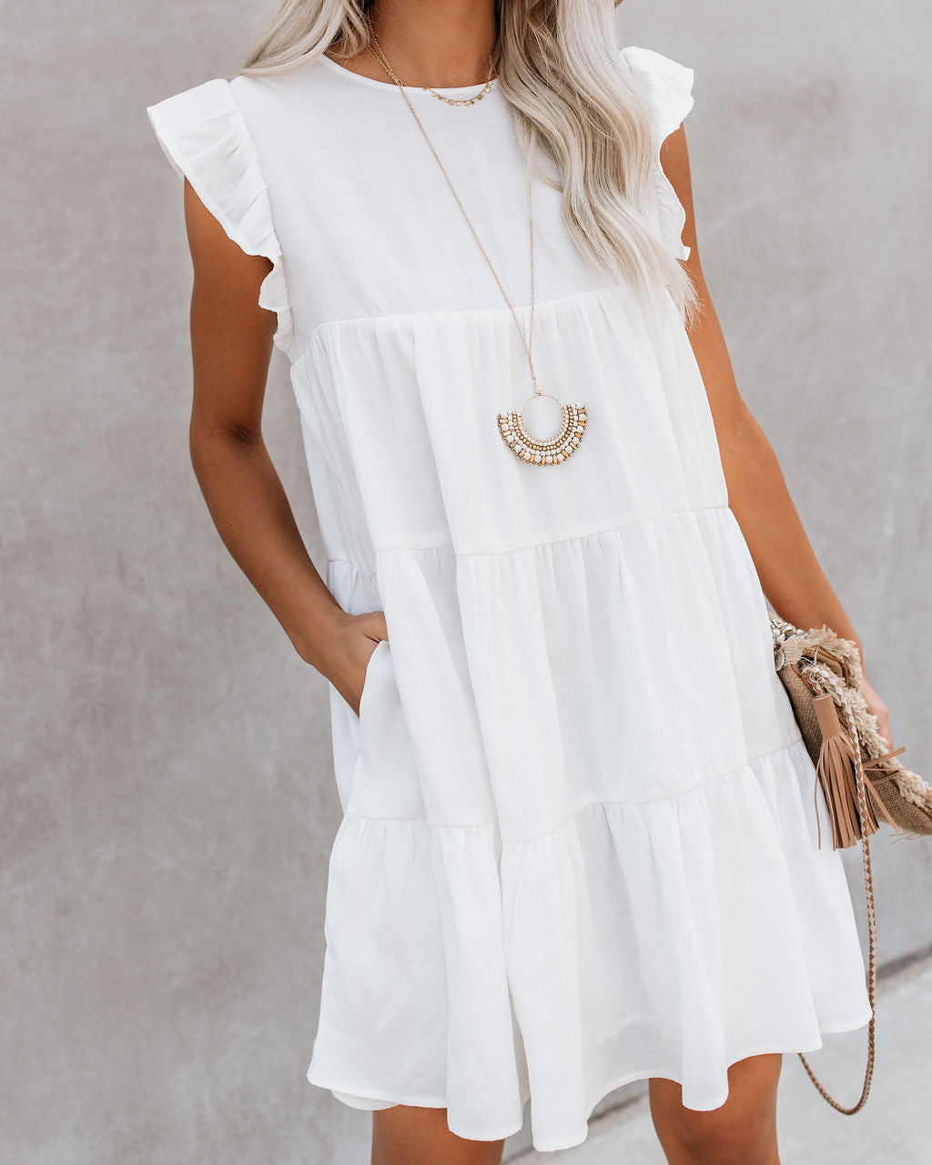 Crew Neck Ruffle Armhole Tiered Pocket Babydoll Mini Dress