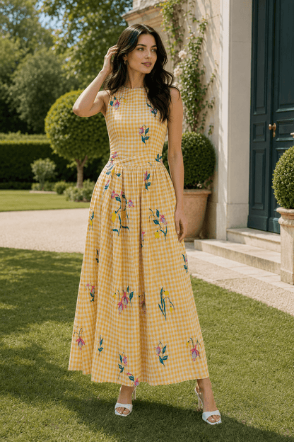 Vintage Heavy Floral Embroidery Tie Waist Sleeveless Long Floral Dress