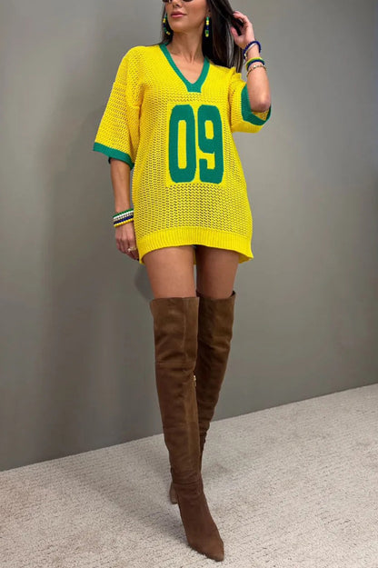World Cup Digital Jacquard Loose V-neck Short-sleeved Knit Top