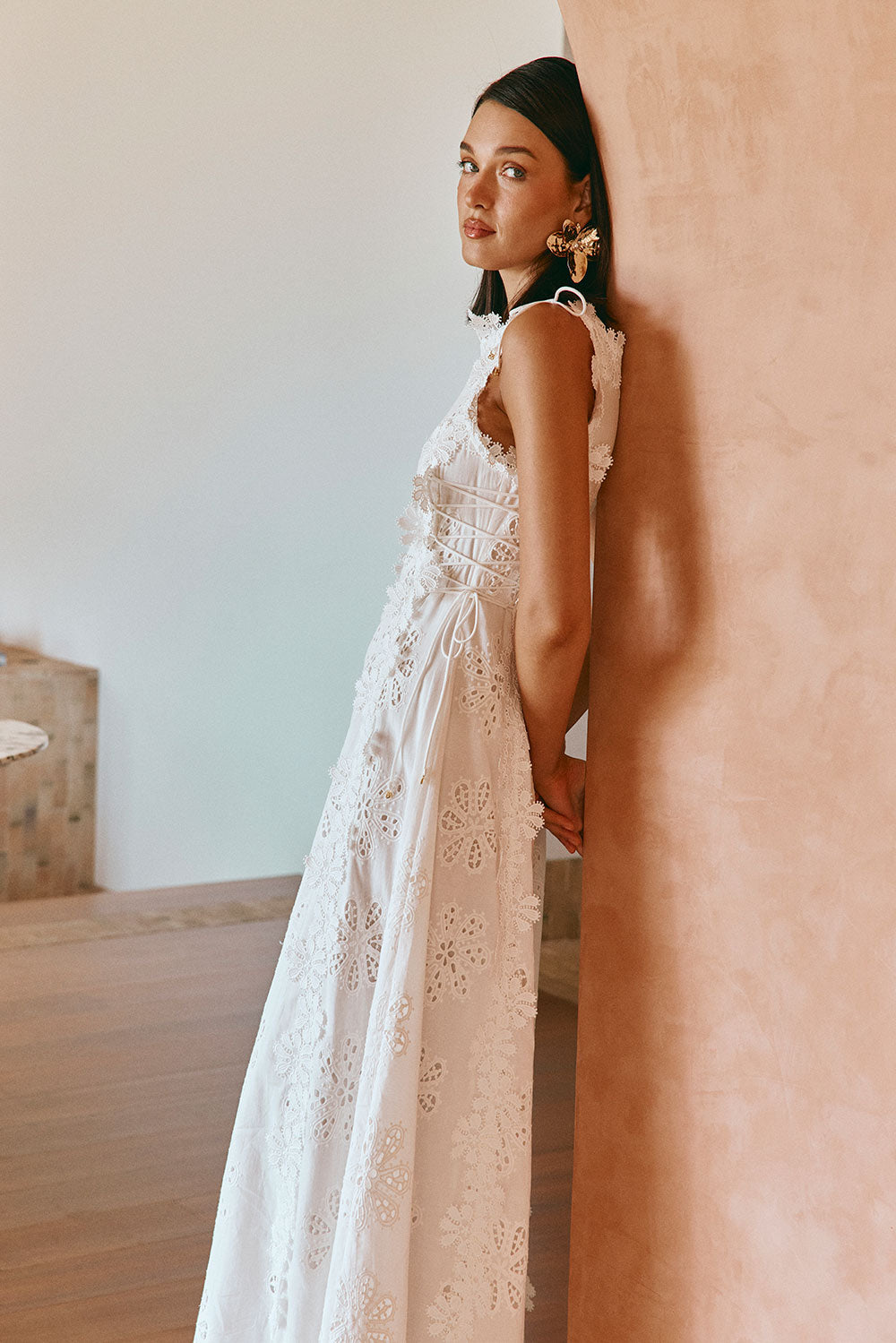 Floral Eyelet Embroidery Scalloped Lace Trim Tie Waist Maxi Dress
