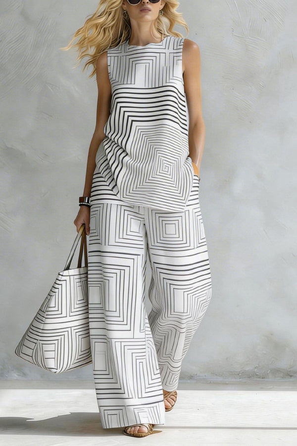 Geometric Print Loose-fitting Round Neck Sleeveless Top and Elastic Waist Casual Pocket Wide-leg Pants Set