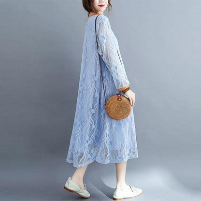Round Neck Floral Lace Overlay Babydoll Waist Long Sleeve Midi Dress