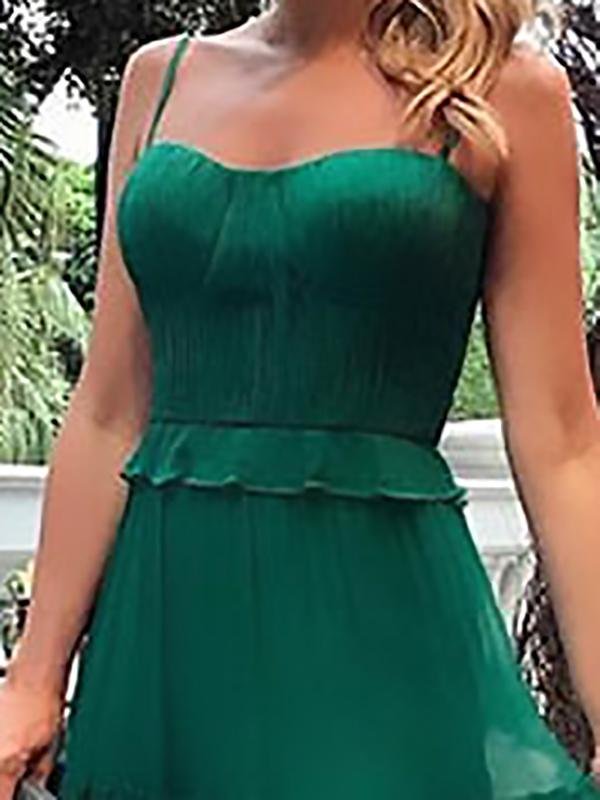 Sweetheart Spaghetti Strap Pleated Tiered Ruffle Chiffon Maxi Gown