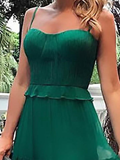 Sweetheart Spaghetti Strap Pleated Tiered Ruffle Chiffon Maxi Gown
