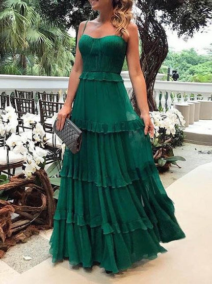 Sweetheart Spaghetti Strap Pleated Tiered Ruffle Chiffon Maxi Gown