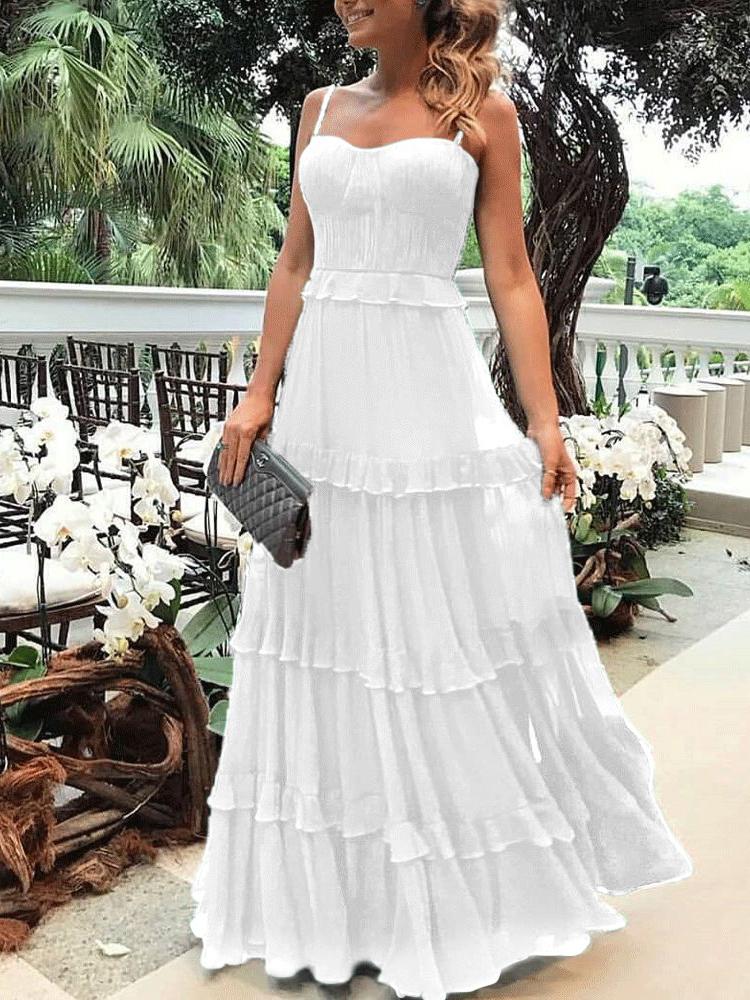 Sweetheart Spaghetti Strap Pleated Tiered Ruffle Chiffon Maxi Gown