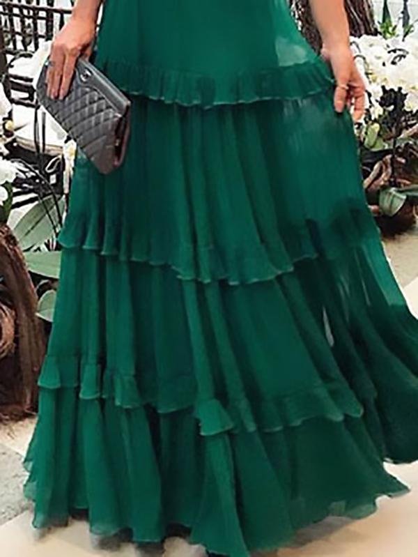Sweetheart Spaghetti Strap Pleated Tiered Ruffle Chiffon Maxi Gown