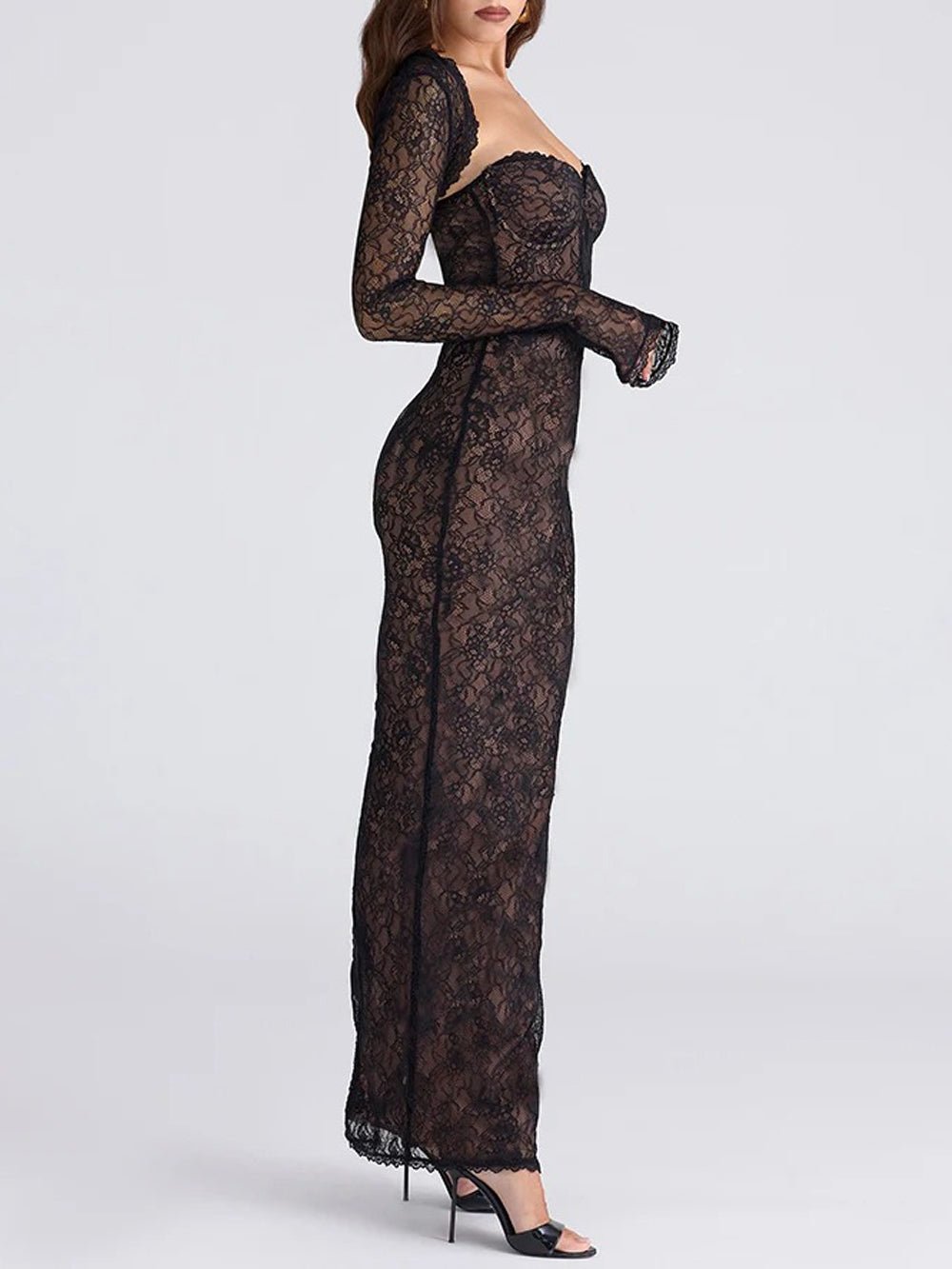 Black Lace Sweetheart Underwire Bolero Cut Out Long Sleeve Bodycon Maxi Dress