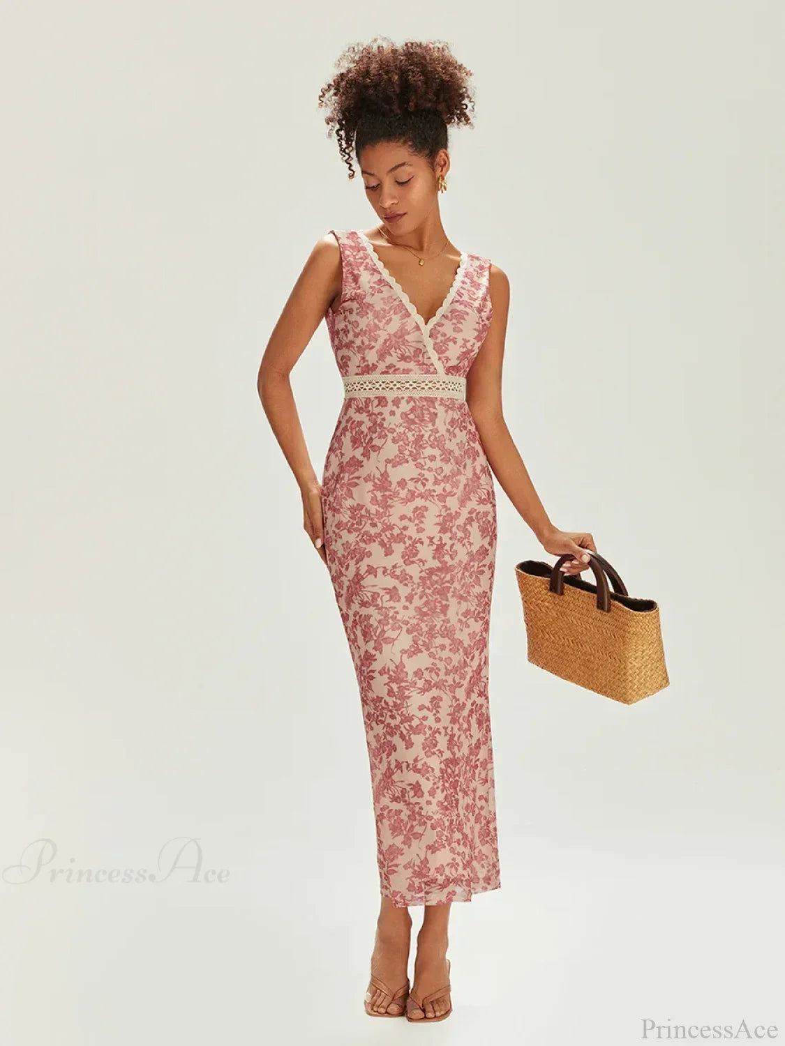 Elegant Floral Fishtail Lace Trim Wrap V-neck Bodycon Floral Dress