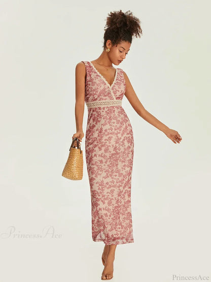 Elegant Floral Fishtail Lace Trim Wrap V-neck Bodycon Floral Dress