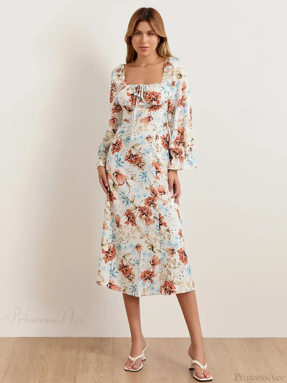 Elegant Floral Midi Puff Sleeve Square Neck Floral Dress