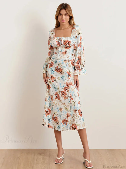 Elegant Floral Midi Puff Sleeve Square Neck Floral Dress