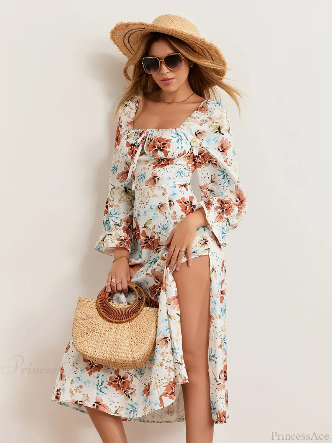 Elegant Floral Midi Puff Sleeve Square Neck Floral Dress
