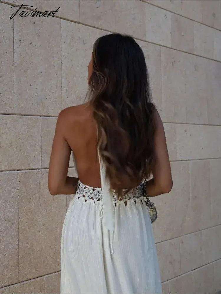 Elegant Hollowed Out Lace Up Halter Dress Women V-Neck Sleeveless Backless Long Dresses Summer Lady New Party Club Vestidos