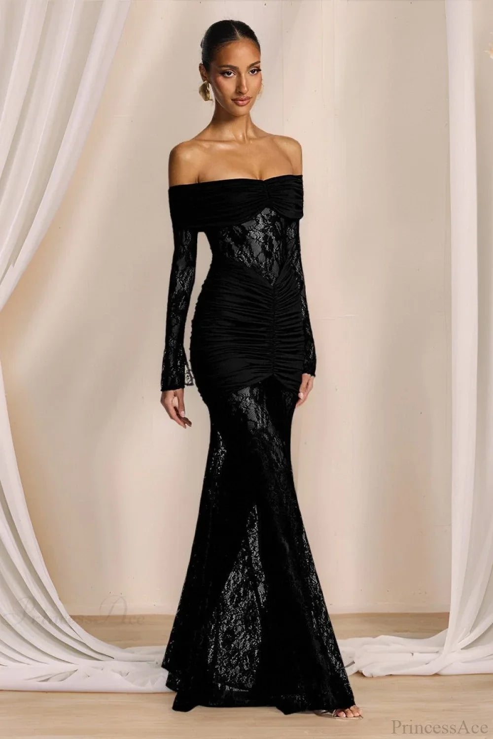 Elegant Lace Off-the-Shoulder Long Sleeve Bodycon Evening Dress