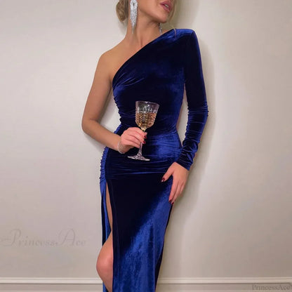 Elegant Long Sleeve Party Evening Velvet Bodycon Split Pencil Midi Party Dress