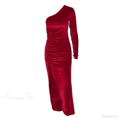 Elegant Long Sleeve Party Evening Velvet Bodycon Split Pencil Midi Party Dress