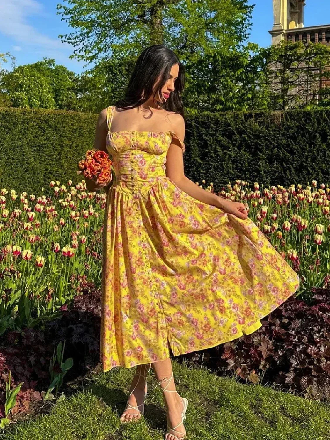 Floral Print Midi Dress Lace-up Pocket Floral Dress