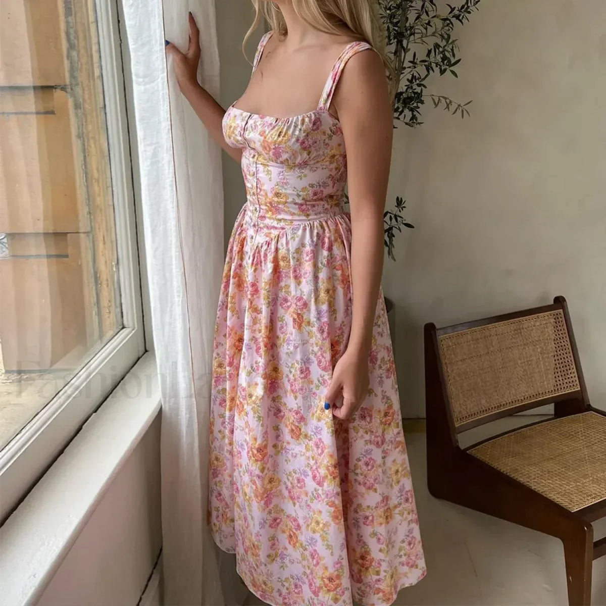 Floral Print Midi Dress Lace-up Pocket Floral Dress