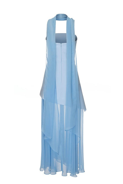 Monaco Off Shoulder Structured Top Chiffon Slit Hem Scarf Maxi Dress