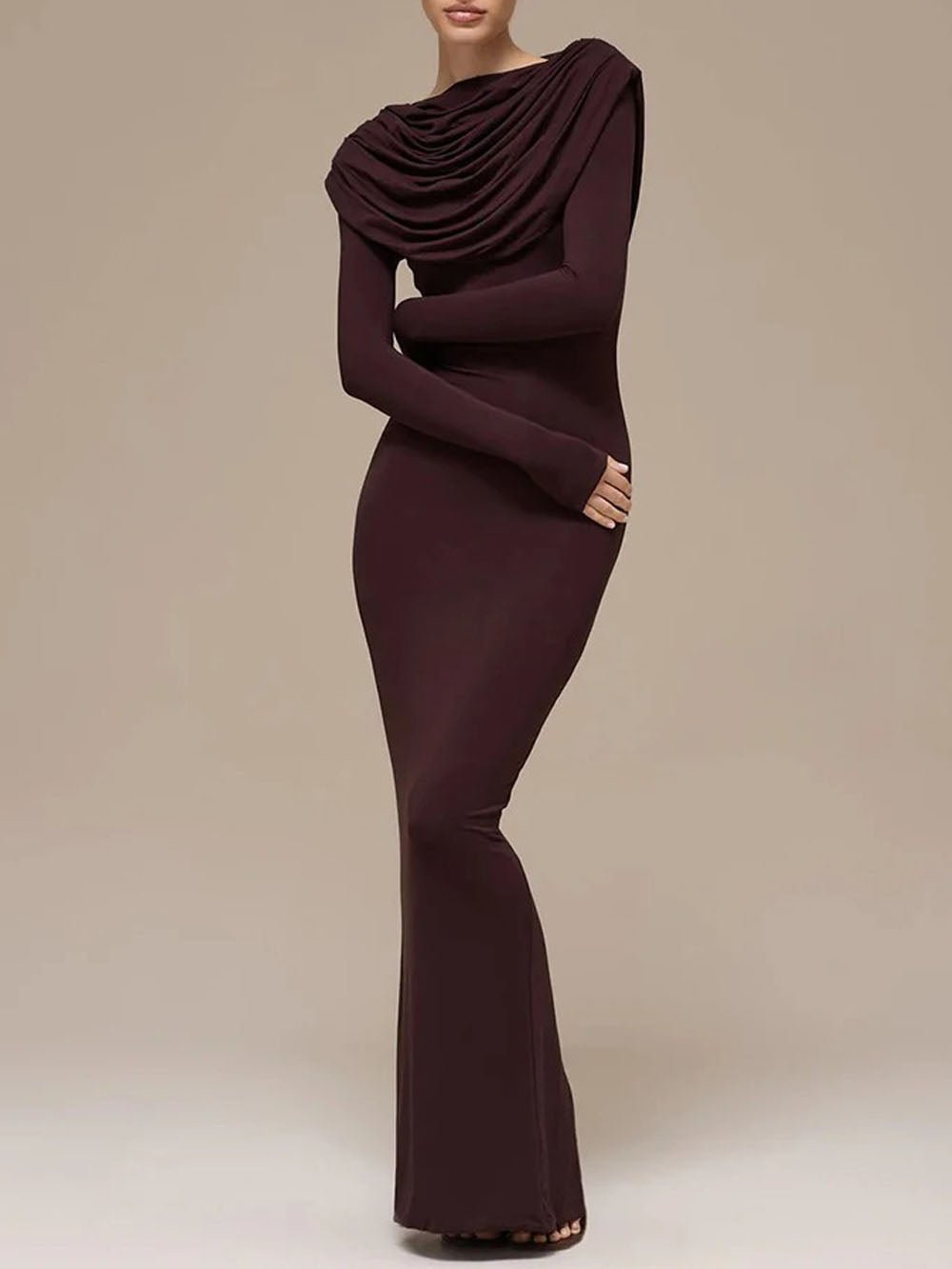 Brown Cowl Neck Long Sleeve Ruched Bodycon Maxi Dress