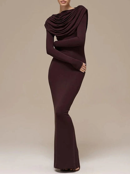 Brown Cowl Neck Long Sleeve Ruched Bodycon Maxi Dress