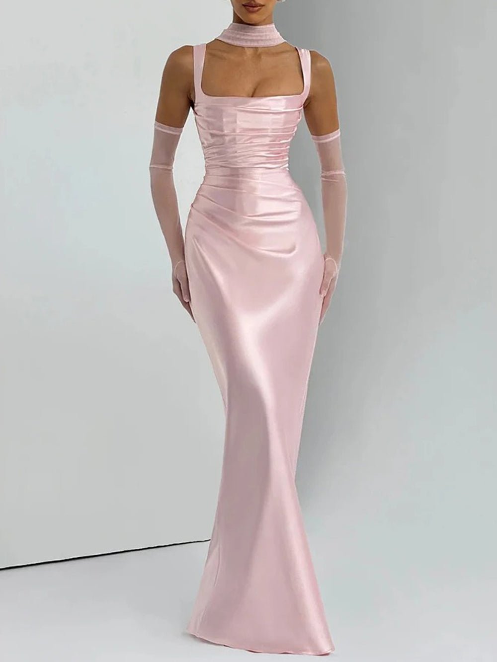 Pink Square Neck Wide Strap Ruched Satin Column Maxi Gown