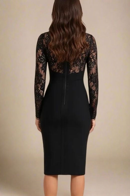 Classic Black Lace Shoulder Cut Out Mock Neck Long Sleeve Bandage Midi Dress
