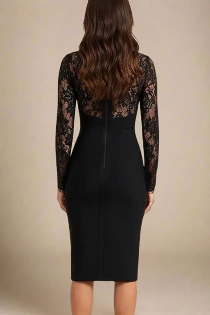 Classic Black Lace Shoulder Cut Out Mock Neck Long Sleeve Bandage Midi Dress