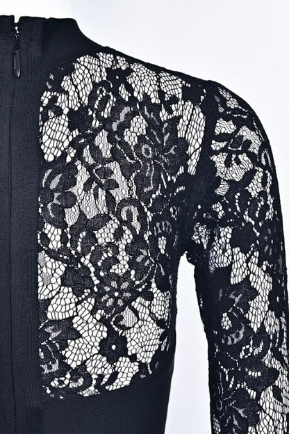 Classic Black Lace Shoulder Cut Out Mock Neck Long Sleeve Bandage Midi Dress
