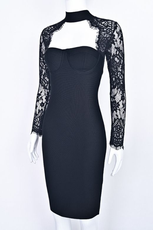 Classic Black Lace Shoulder Cut Out Mock Neck Long Sleeve Bandage Midi Dress
