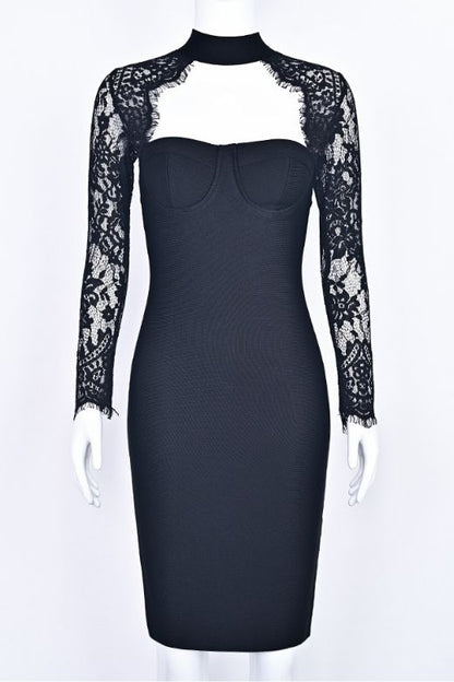 Classic Black Lace Shoulder Cut Out Mock Neck Long Sleeve Bandage Midi Dress