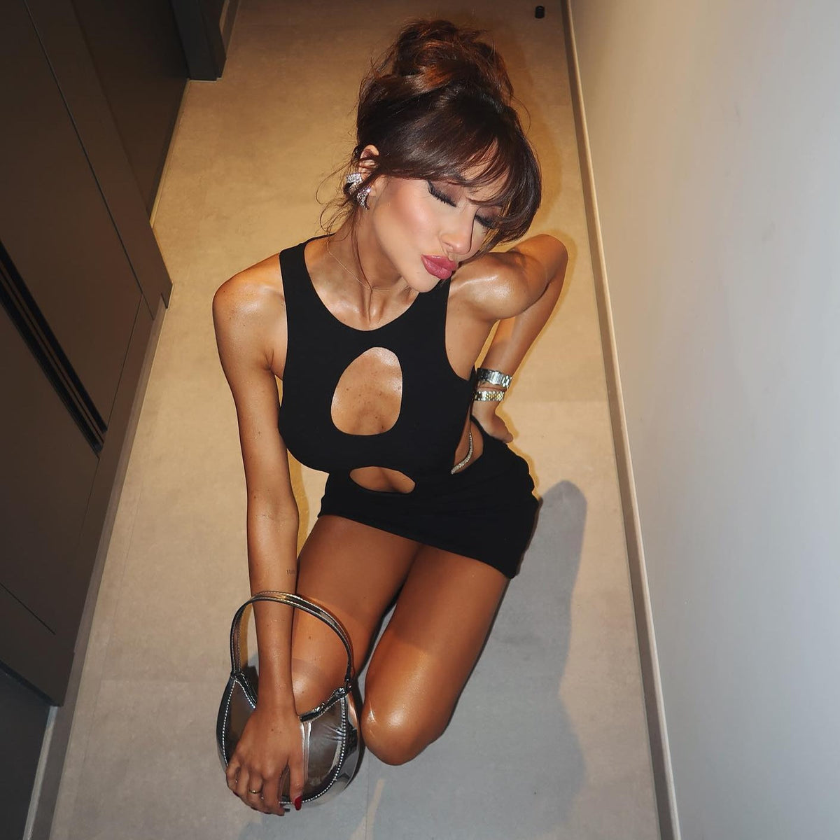 High Neck Double Circle Cutout Rhinestone Chain Side Bodycon Mini Dress