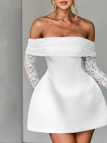 White Off Shoulder Lace Sleeve Fit and Flare Satin Mini Dress