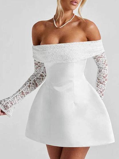White Off Shoulder Lace Sleeve Fit and Flare Satin Mini Dress