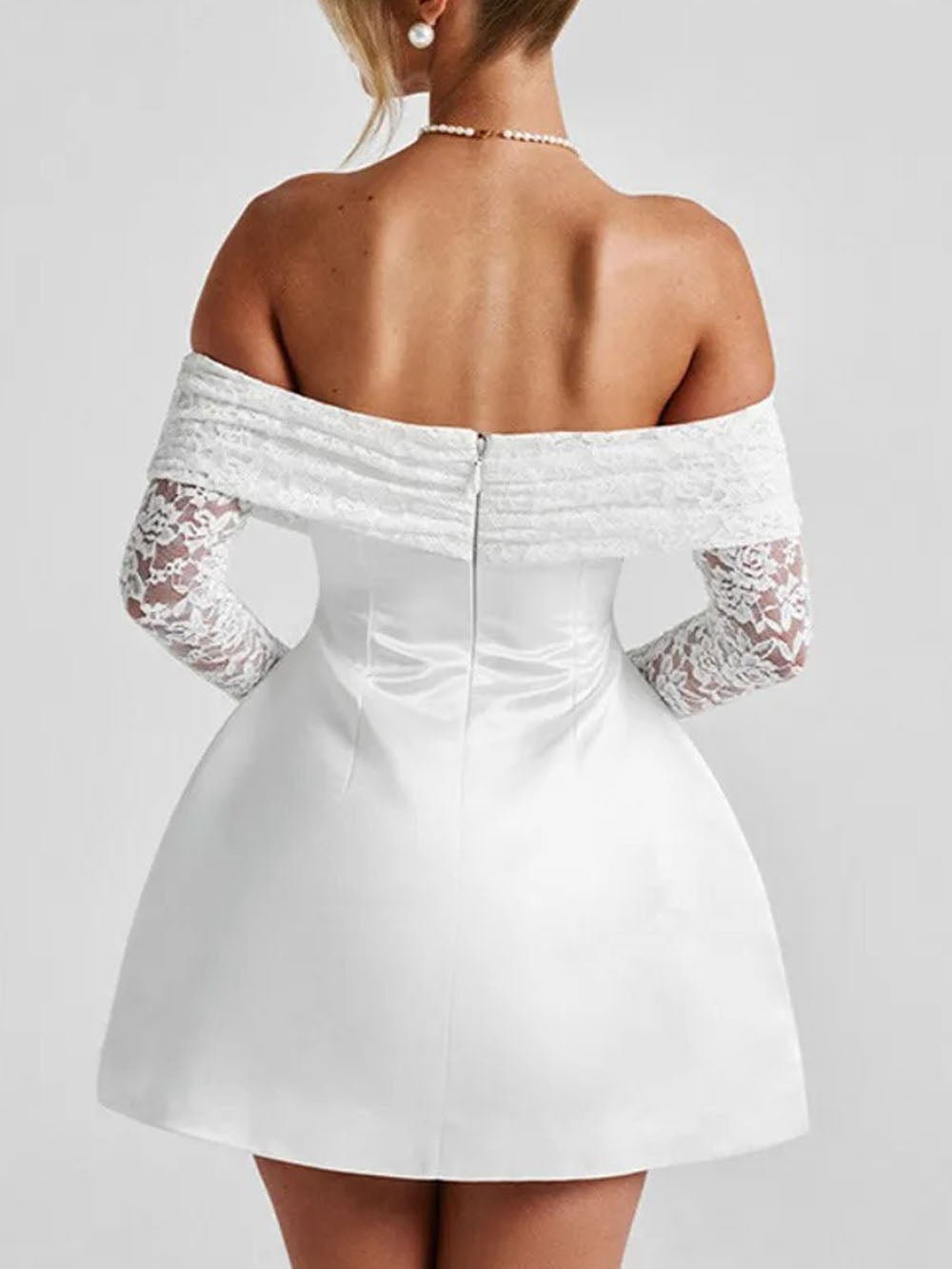 White Off Shoulder Lace Sleeve Fit and Flare Satin Mini Dress