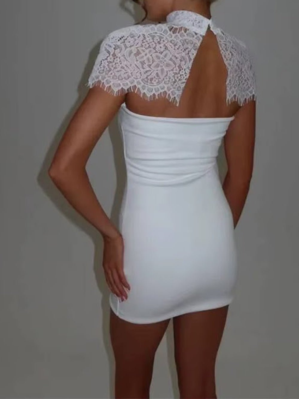 White Lace Mock Neck Cap Sleeve Scalloped Yoke Bodycon Mini Dress