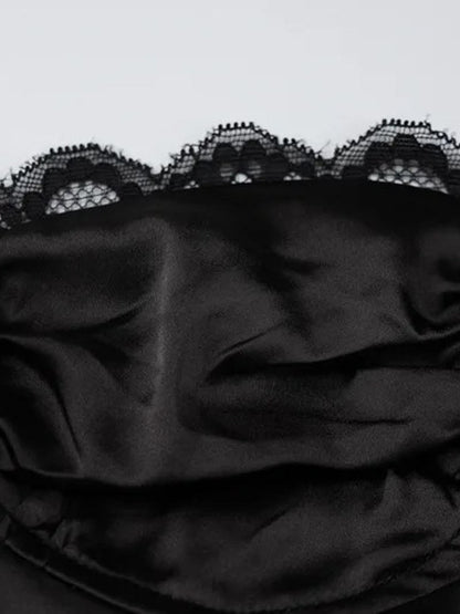 Satin Lace Trim Bustier Tie Front Keyhole Spaghetti Strap Mini Dress